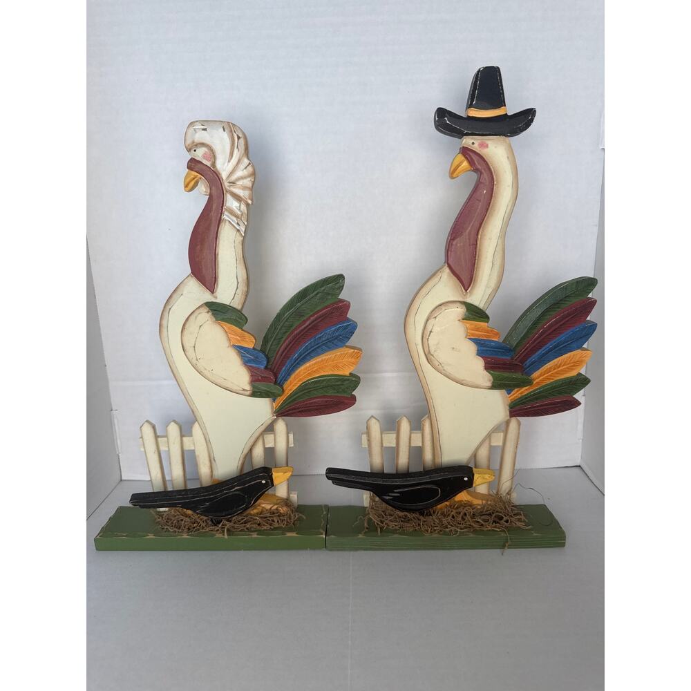 2 Turkeys wood carved thin stands colorful feathers picket fence crow